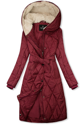 Vínově červená prošívaná bunda s páskem