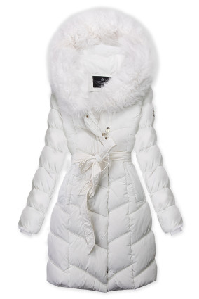 Bílá zimní bunda s páskem a kožešinou