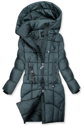 Prodloužená dámská zimní bunda petrolejově zelená