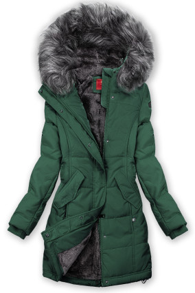 Tmavě zelená zimní bunda s šedým plyšem